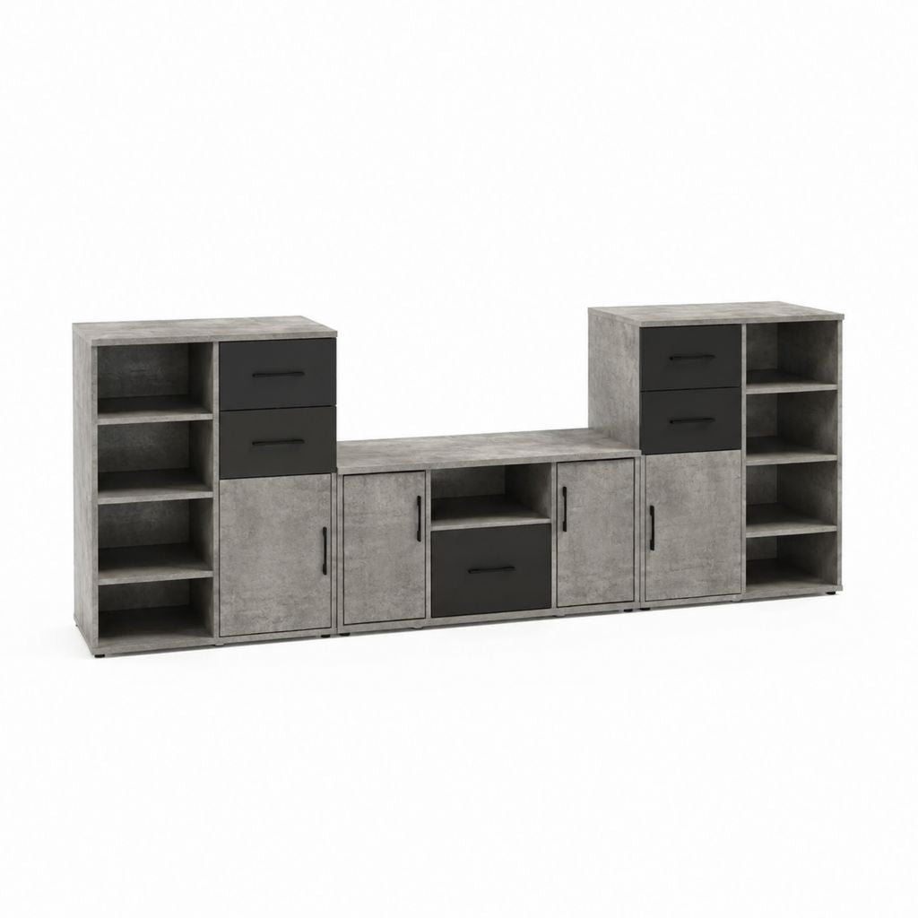 Ensemble meuble TV rectangulaire gris béton et noir en panneaux de particules mélaminés 240 x 40 x 180 cm