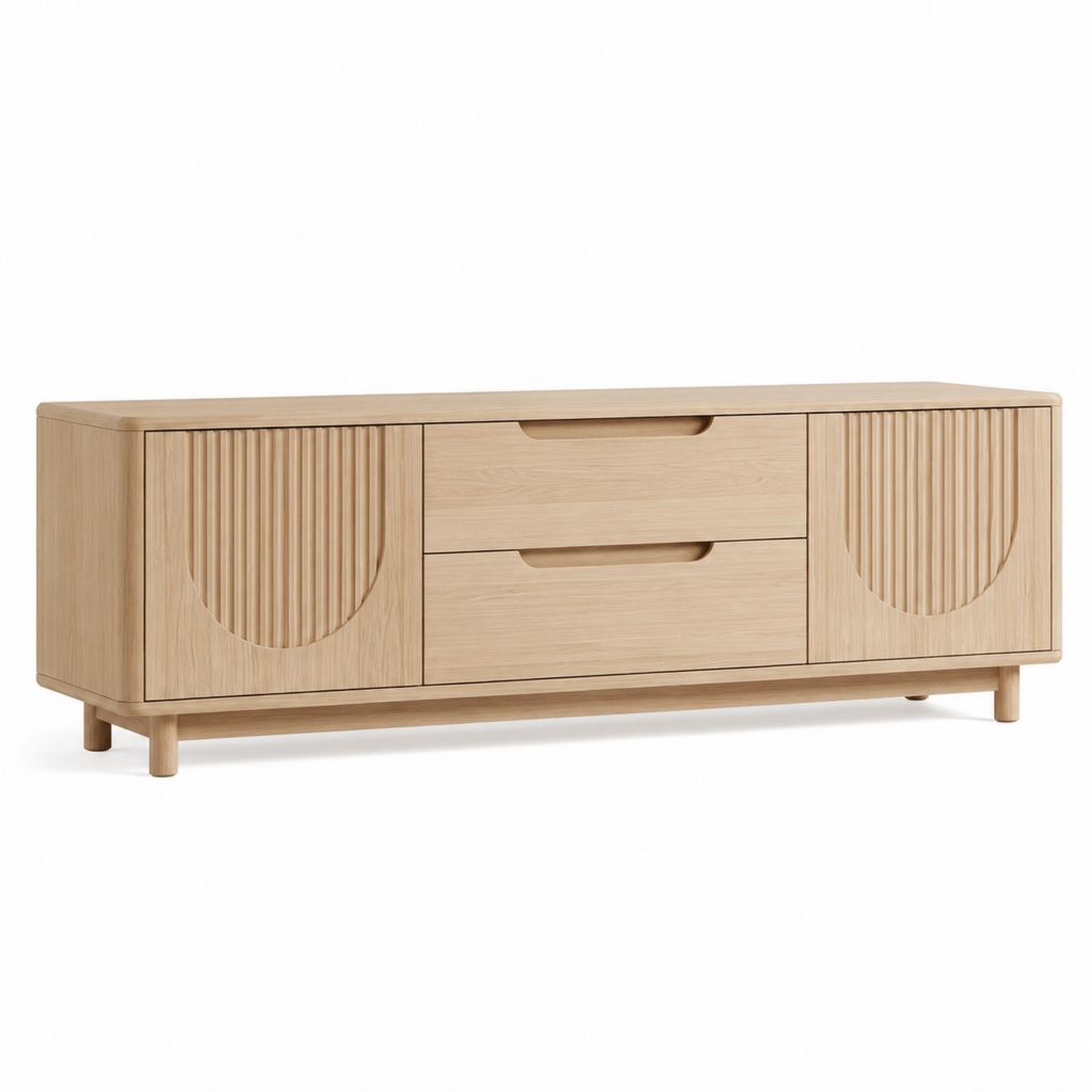 Meuble TV 180 cm chêne clair en MDF plaqué chêne avec 2 portes et 2 tiroirs