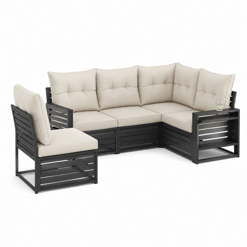 Salon de jardin d'angle 3 pièces aluminium noir avec coussins beige 220 x 150 x 75 cm