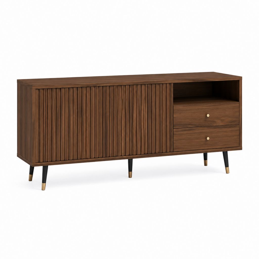 Meuble TV en MDF plaqué noyer brun 160 x 40 x 75 cm avec porte coulissante et 2 tiroirs