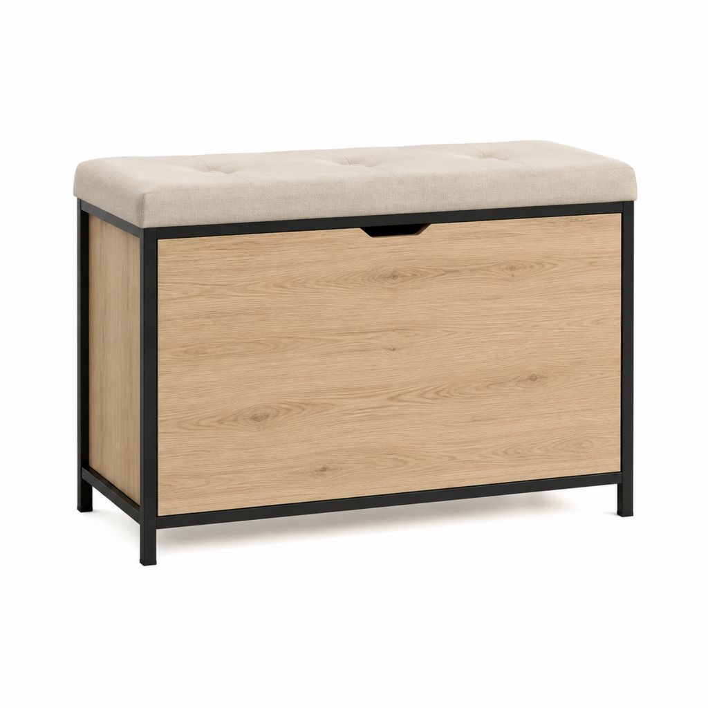 Banc à chaussures avec rangement chêne clair acier noir et assise en polyester 80 x 35 x 50 cm