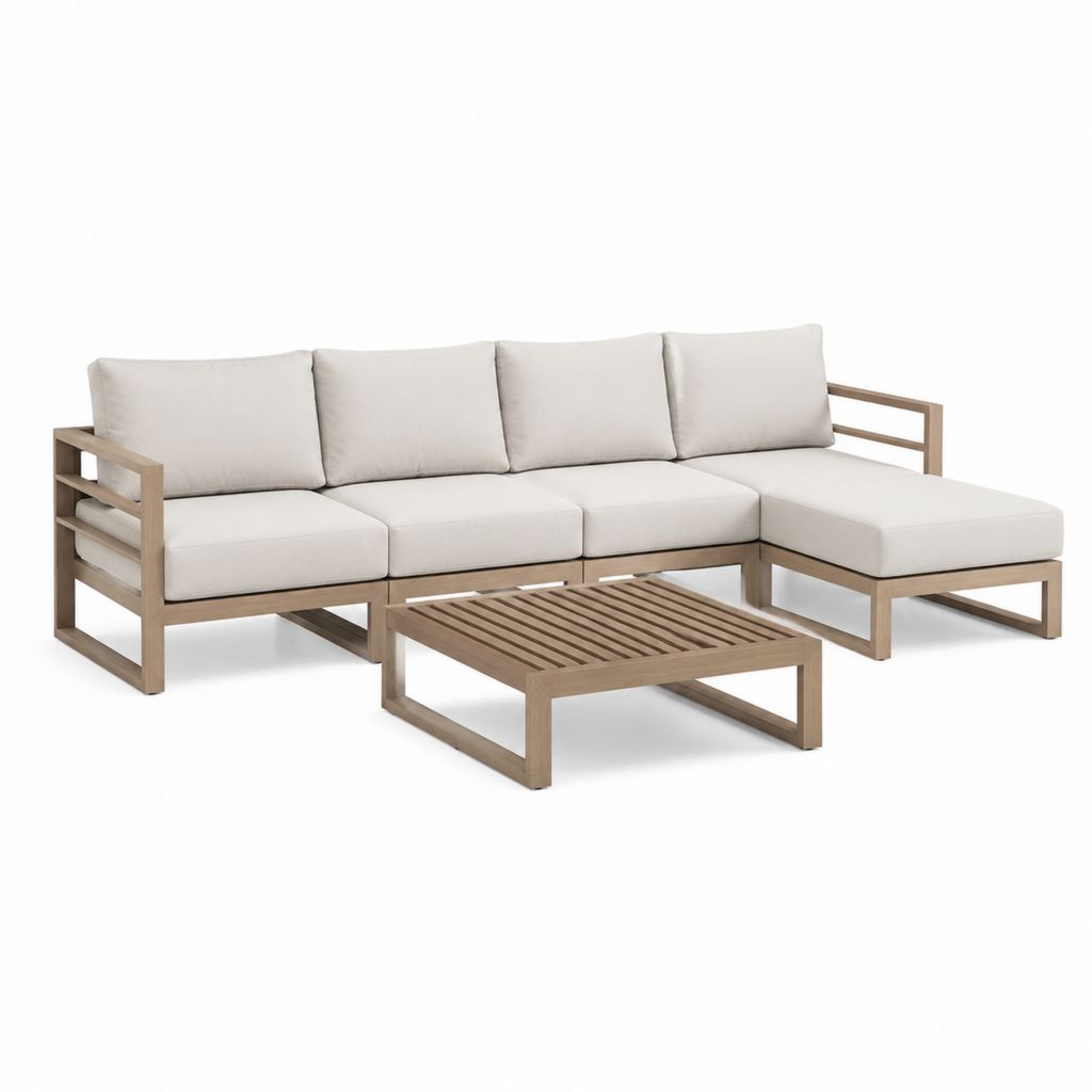 Salon de jardin d'angle 4 places beige en acacia massif avec table basse 260 x 170 x 65 cm