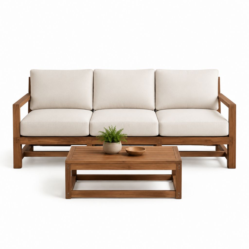 Salon de jardin 2 pièces avec canapé 3 places et table basse rectangulaire beige en acacia massif 220 x 75 x 75 cm et 120 x 60 x 45 cm
