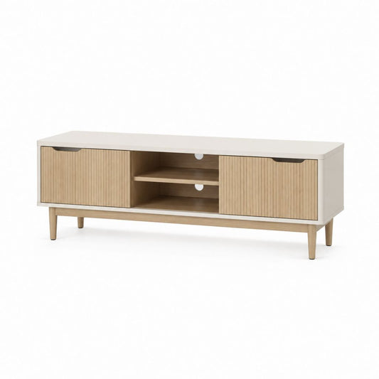 Meuble TV rectangulaire 2 portes coulissantes blanc et chêne clair en MDF et bois d'hévéa 140 x 40 x 55 cm