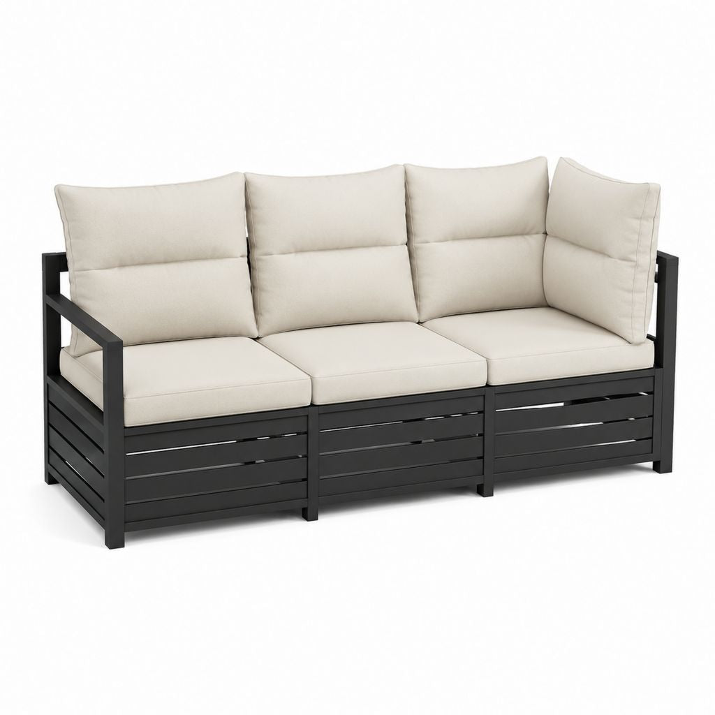Canapé de jardin 3 places noir et beige en aluminium avec coussins 210 x 70 x 75 cm