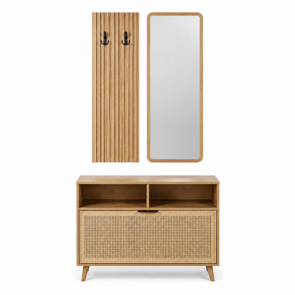 Meuble à chaussures d'entrée 3 pièces chêne et rotin avec miroir 100 x 35 x 85 cm
