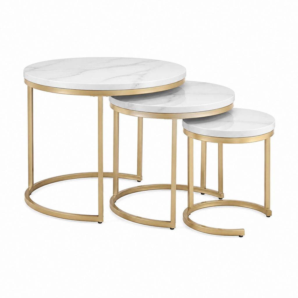 Tables basses gigognes rondes lot de 3 blanc effet marbre acier doré Ø 80 60 45 cm