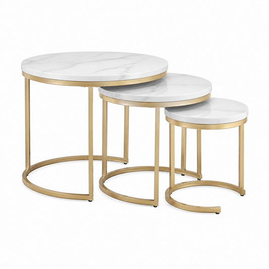 Tables basses gigognes rondes lot de 3 blanc effet marbre acier doré Ø 80 60 45 cm
