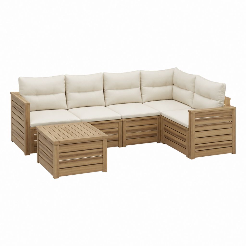 Salon de jardin d'angle 5 pièces en acacia massif marron avec coussins crème 280 x 210 x 60 cm