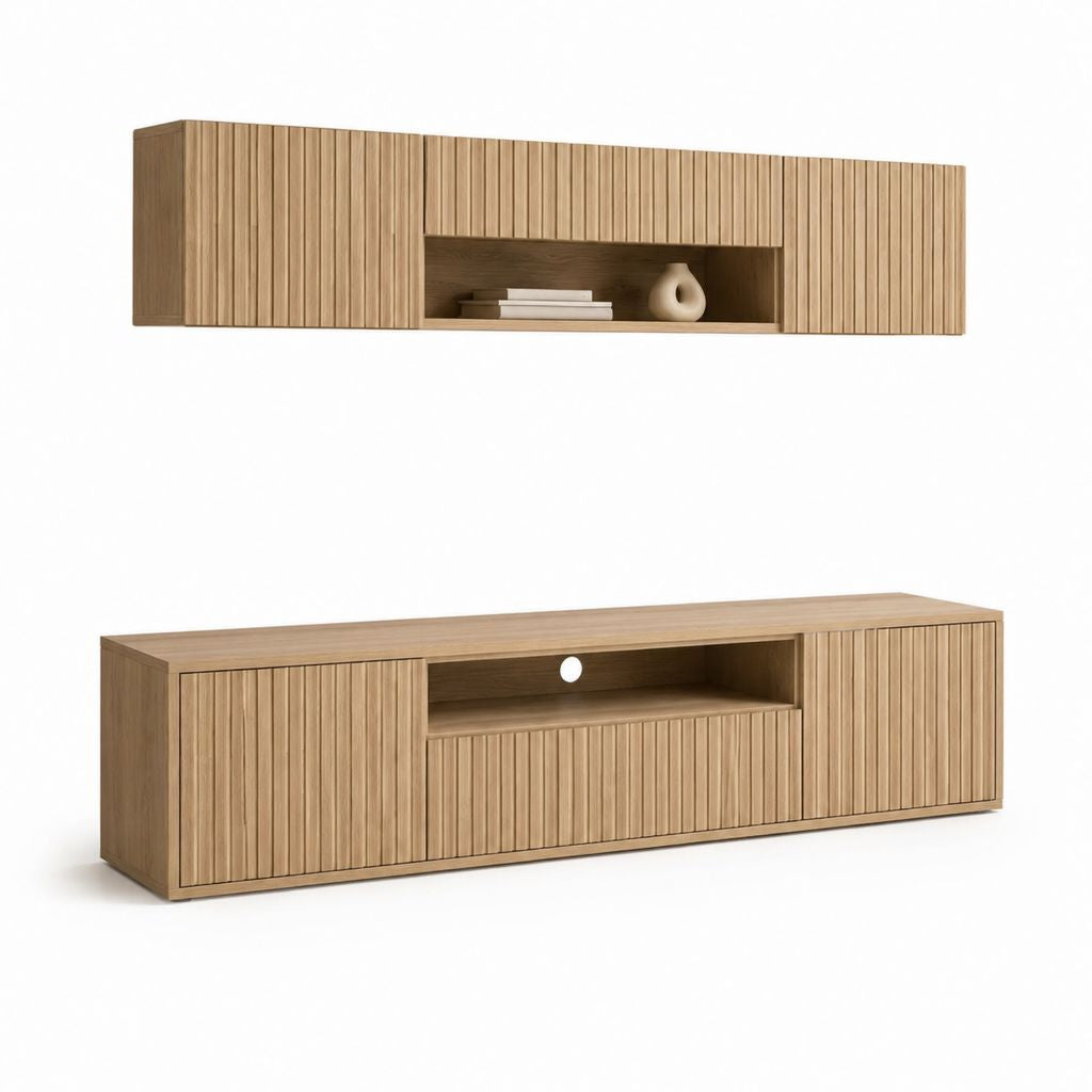 Ensemble meuble TV suspendu et meuble bas chêne clair MDF rainuré 180 x 40 x 45 cm