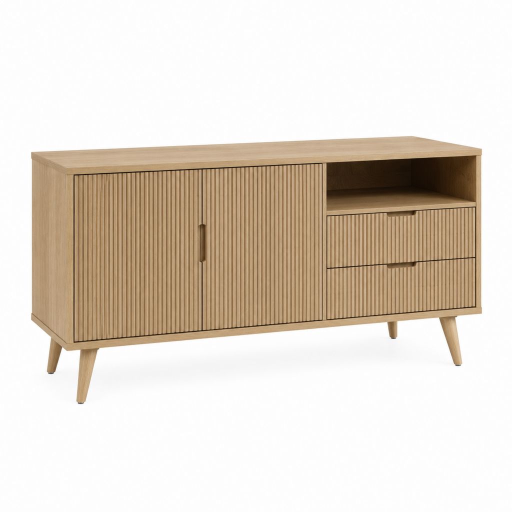 Meuble TV rectangulaire chêne clair en MDF 140 x 40 x 75 cm avec portes et tiroirs