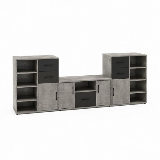 Ensemble meuble TV rectangulaire gris béton et noir en panneaux de particules mélaminés 240 x 40 x 180 cm