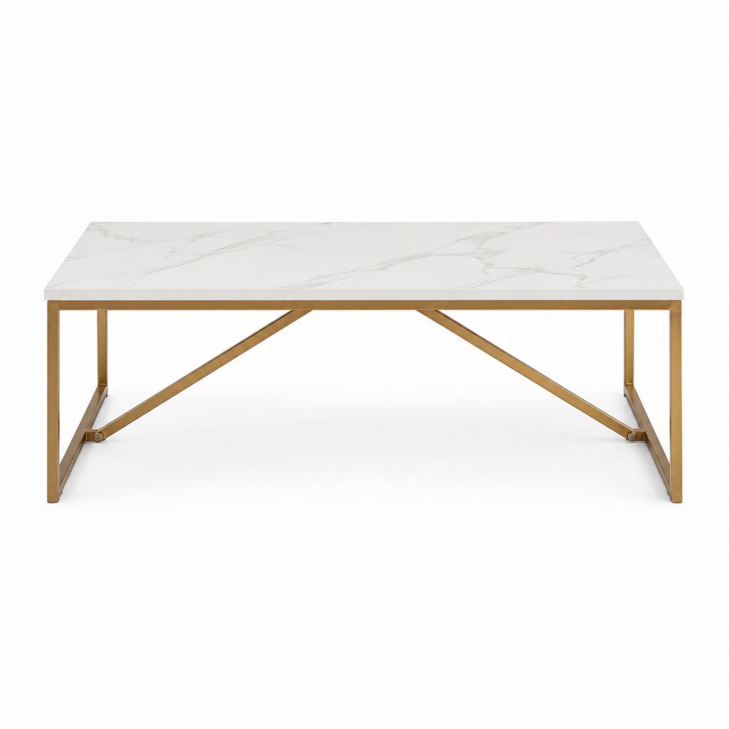 Table basse rectangulaire blanche effet marbre avec structure acier doré 120 x 60 x 45 cm