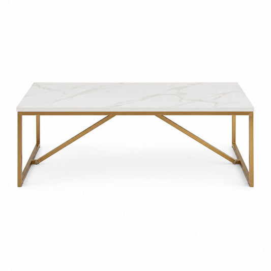 Table basse rectangulaire blanche effet marbre avec structure acier doré 120 x 60 x 45 cm