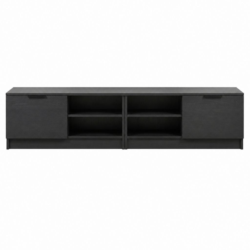 Meuble TV rectangulaire noir 180 x 40 x 50 cm en panneaux de particules mélaminés avec 2 portes et 4 niches