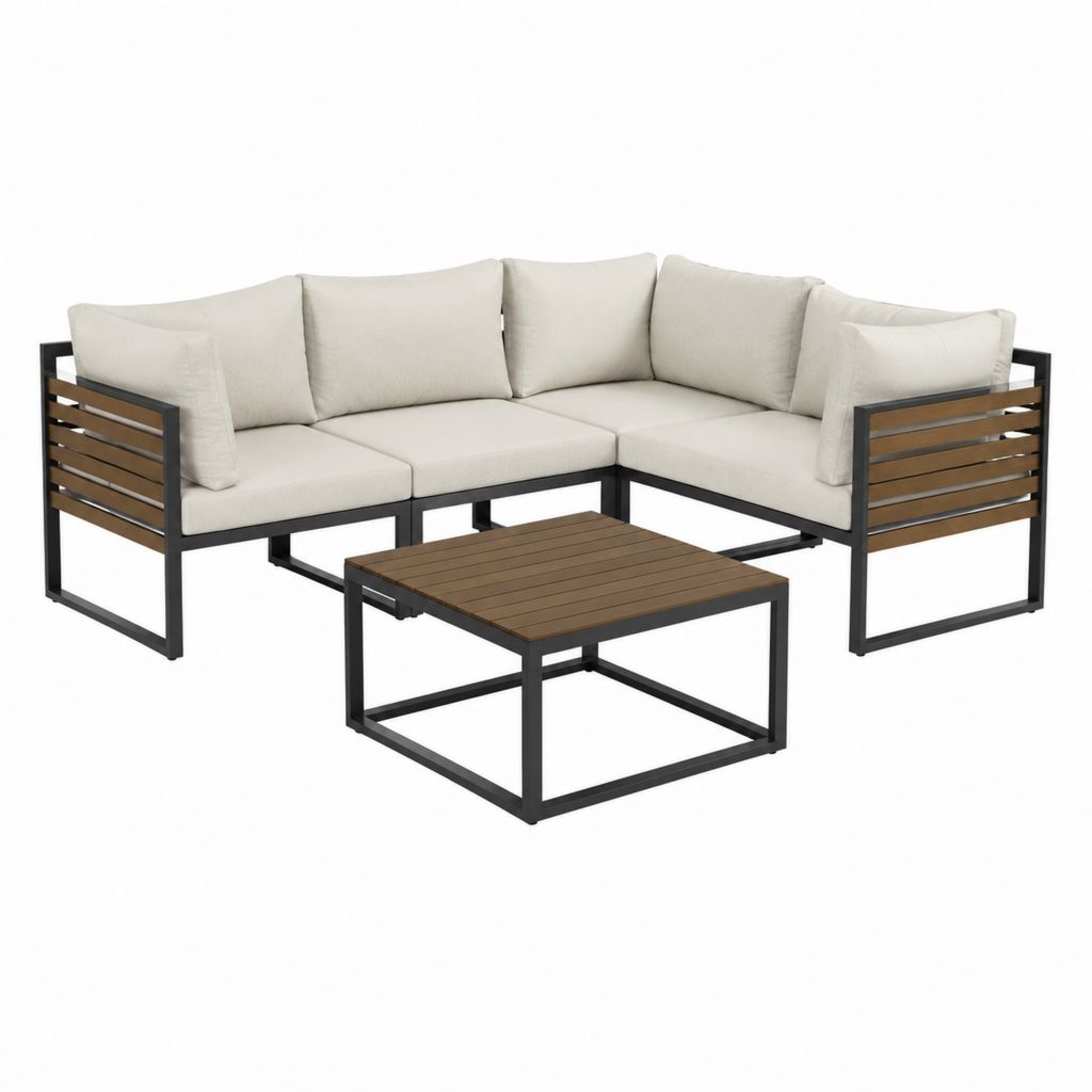 Salon de jardin d'angle 4 places noir marron en aluminium et acacia avec coussins beige 210 x 210 x 75 cm