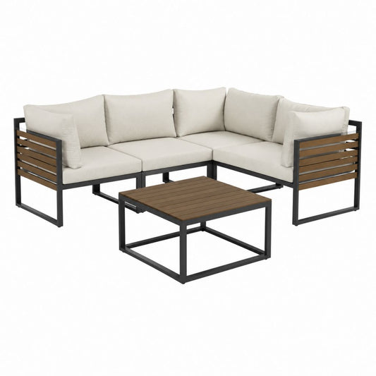 Salon de jardin d'angle 4 places noir marron en aluminium et acacia avec coussins beige 210 x 210 x 75 cm