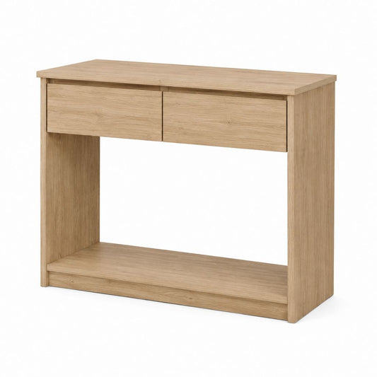 Console d'entrée avec 2 tiroirs et étagère décor chêne 120 x 35 x 80 cm