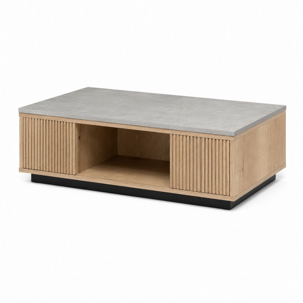 Table basse rectangulaire chêne clair et gris effet béton avec rangement 110 x 60 x 40 cm