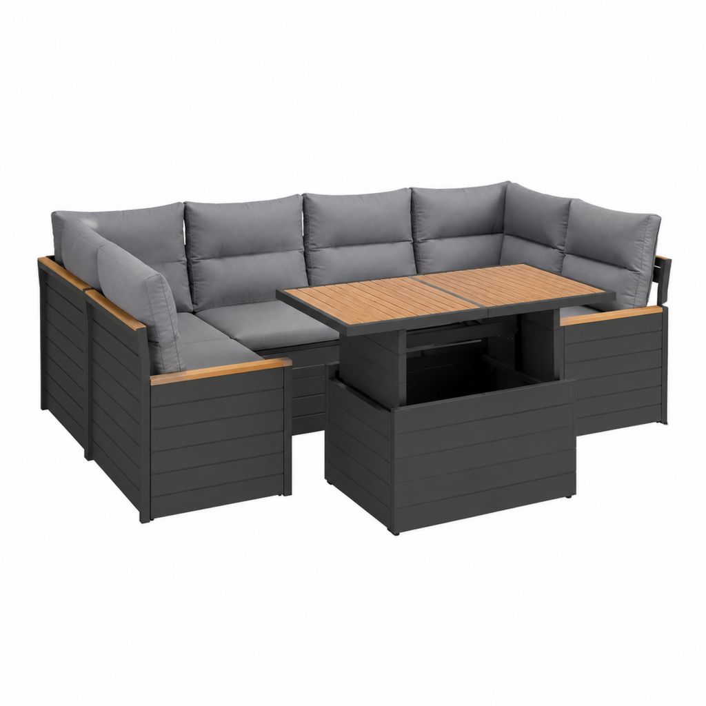 Salon de jardin d'angle 5 places gris anthracite en aluminium avec table relevable effet bois 210 x 210 x 70 cm