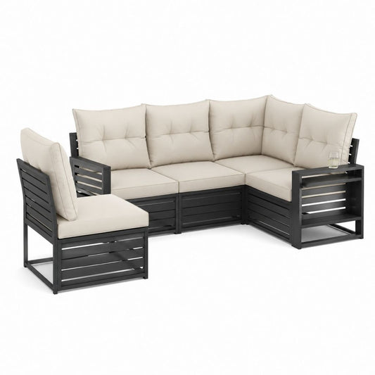 Salon de jardin d'angle 3 pièces aluminium noir avec coussins beige 220 x 150 x 75 cm