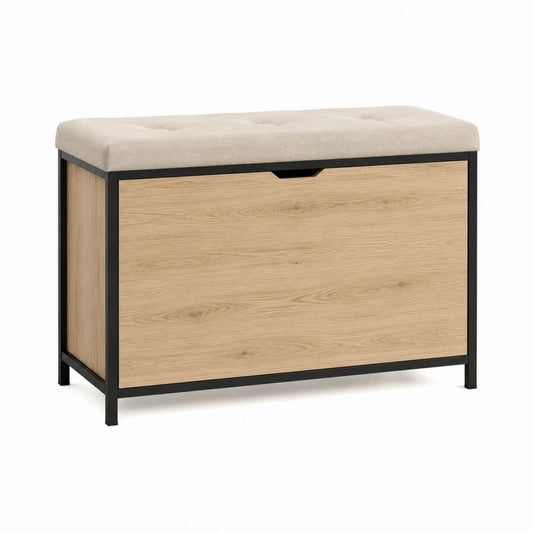 Banc à chaussures avec rangement chêne clair acier noir et assise en polyester 80 x 35 x 50 cm