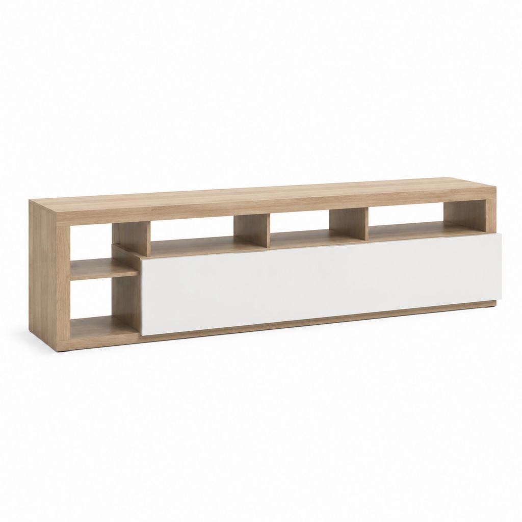 Meuble TV rectangulaire chêne clair et blanc en panneaux de particules mélaminés 180 x 40 x 50 cm