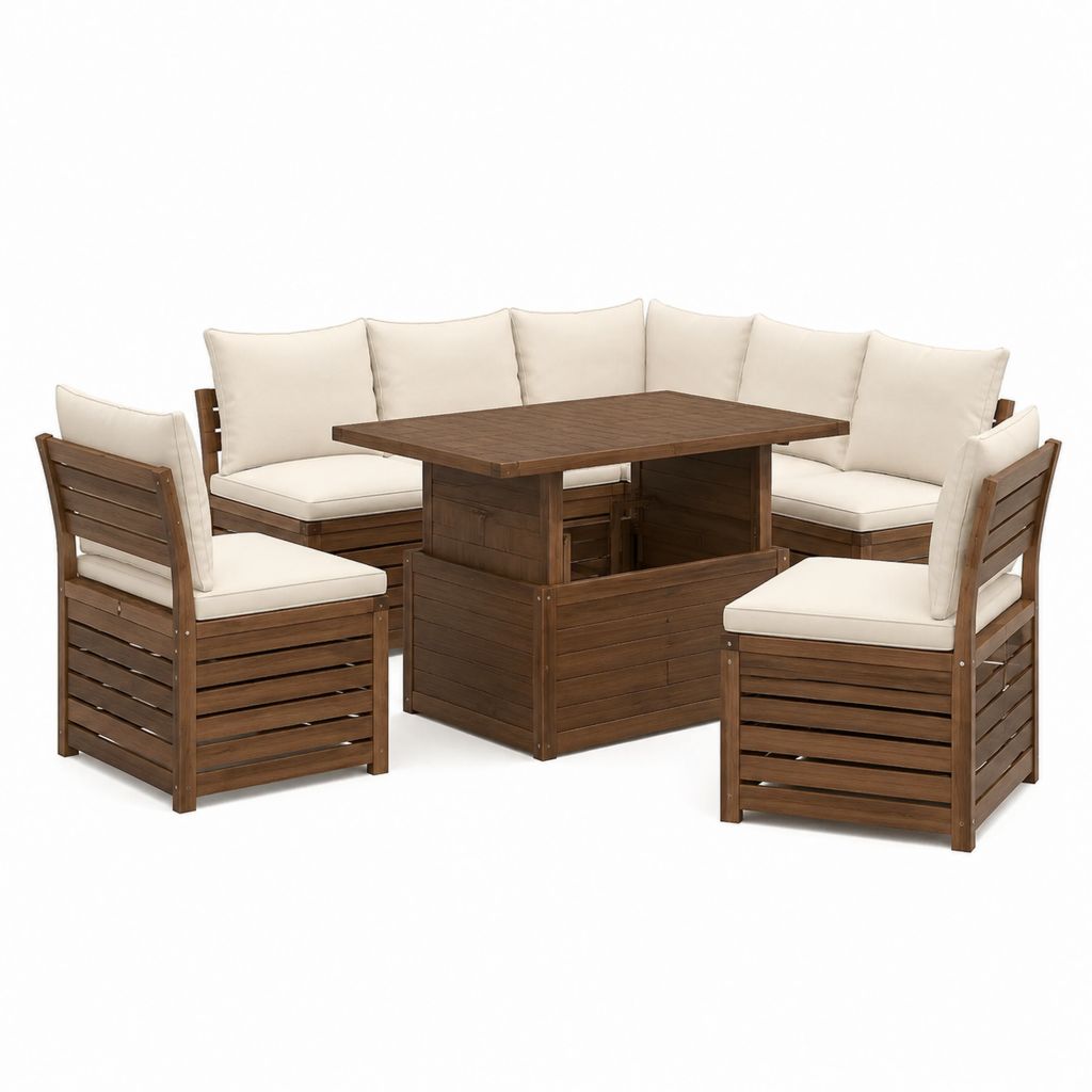 Salon de jardin d'angle 7 places en bois d'acacia massif marron avec coussins crème et table rectangulaire 110 x 70 x 65 cm