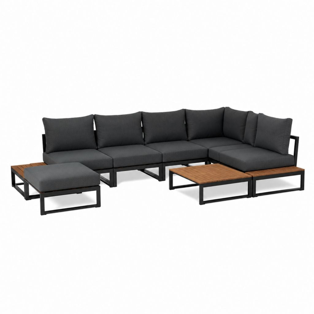 Salon de jardin d'angle 4 places noir et marron en aluminium et acacia 280 x 210 x 65 cm